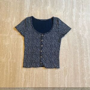 Brandy Melville Navy w/ White Flowers Scoop Neck Button Up Top